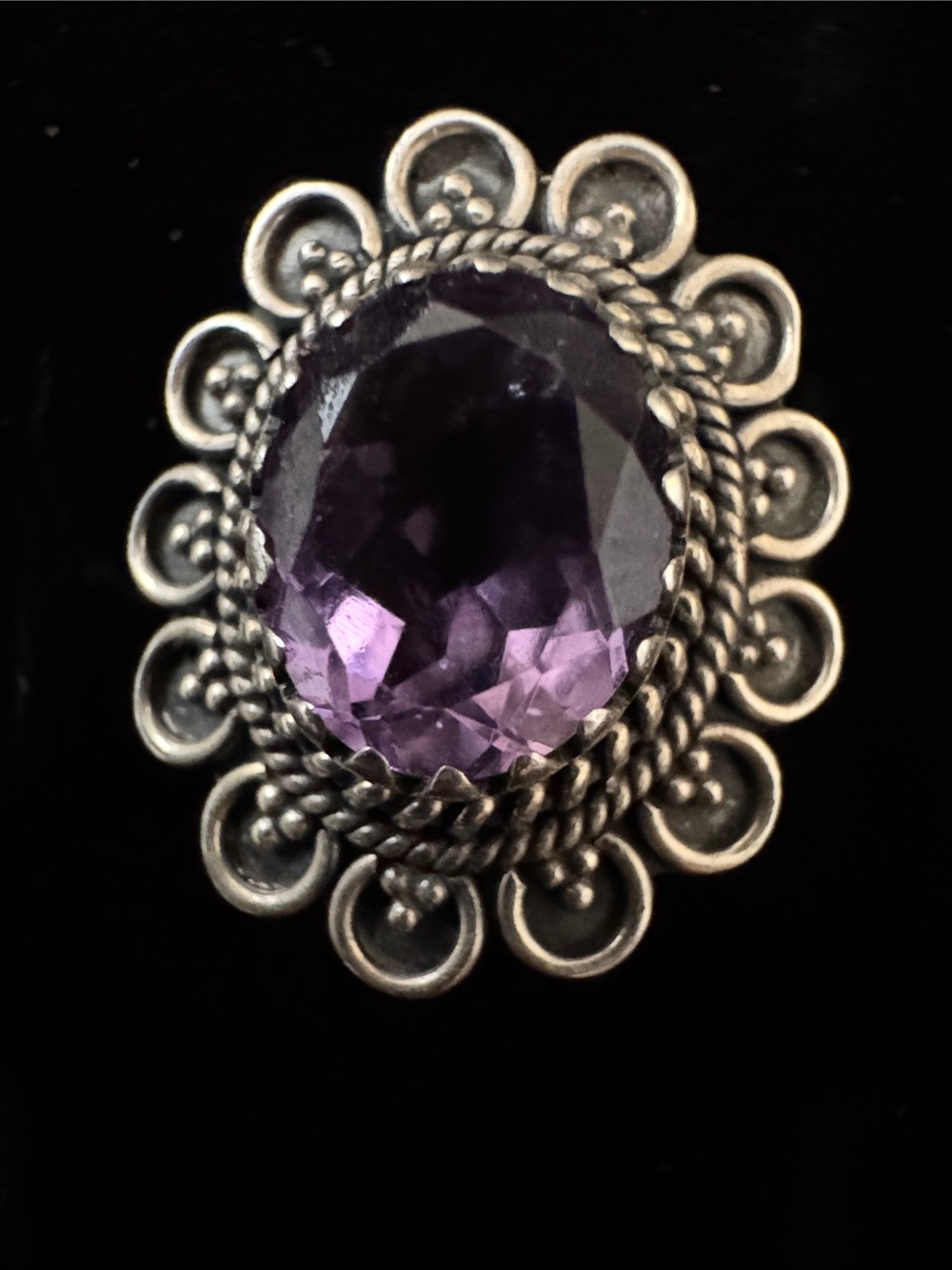 Sterling Silver Floral Ring with genuine, amethyst Purple Gemstone